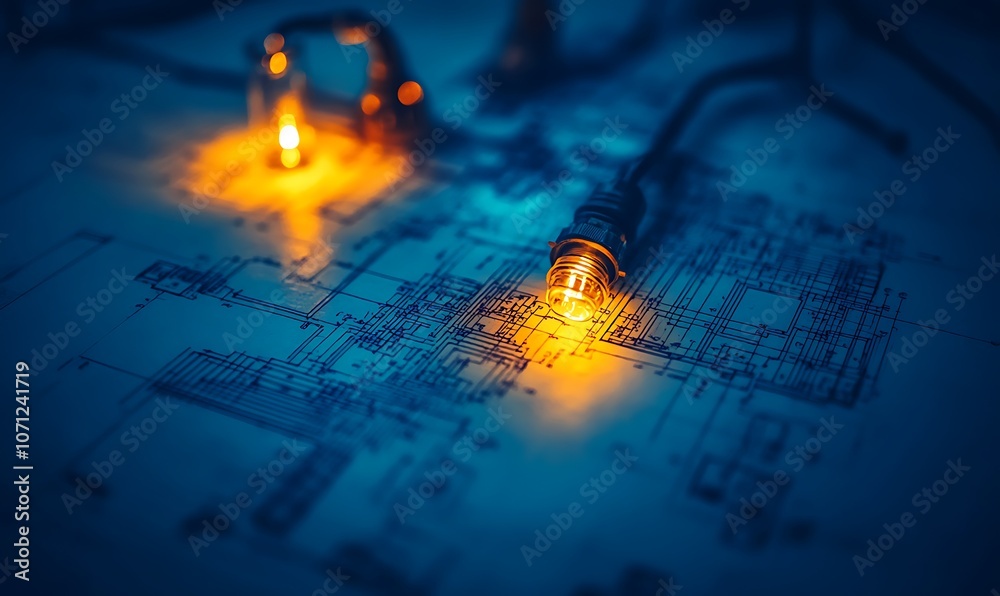 Fototapete A close-up view of glowing electrical components on a circuit board, showcasing an intricate design illuminated in blue and orange hues.