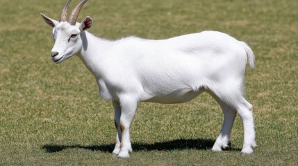 Fototapeta premium White Goat Standing in Green Field Under Blue Sky
