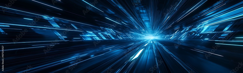 Poster A dynamic blue background depicting light trails and futuristic elements, creating a sense of speed and technology.