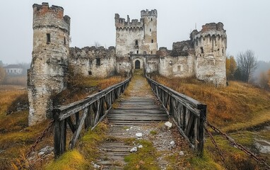 Obraz premium Eerie silence, abandoned, ancient castle standing in desolate gloom, its crumbling walls, dark corridors filled with haunting echoes of forgotten stories, mysterious shadows.