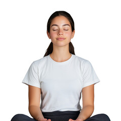 Young woman meditating peacefully with closed eyes in a relaxed posture on a transparent background for mindfulness and tranquility concepts