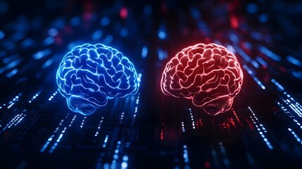 Red and blue brains connected by glowing gears, floating in a high-tech matrix with digital codes in the background, futuristic illustration, hologram, neon highlights, love in the digital age