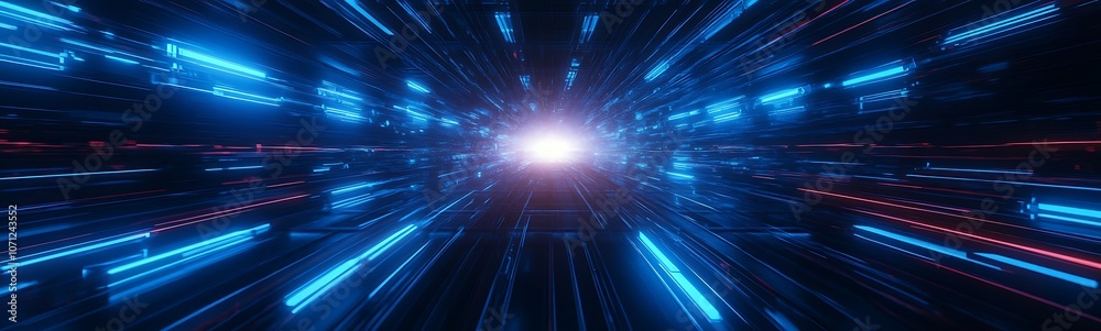 Poster a vibrant, abstract depiction of light streaks rushing towards a central point, evoking a sense of s