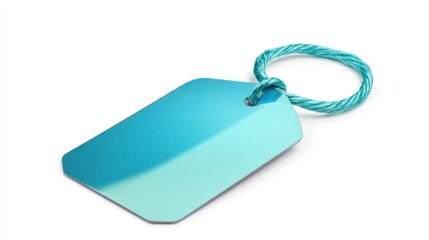Fototapeta premium Teal tag with a smooth, shiny surface and secure tie, isolated on white background, ideal for labels