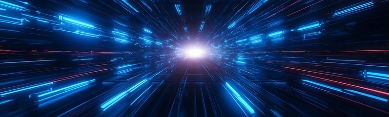 Fototapeta premium A vibrant, abstract depiction of light streaks rushing towards a central point, evoking a sense of speed and cosmic exploration.