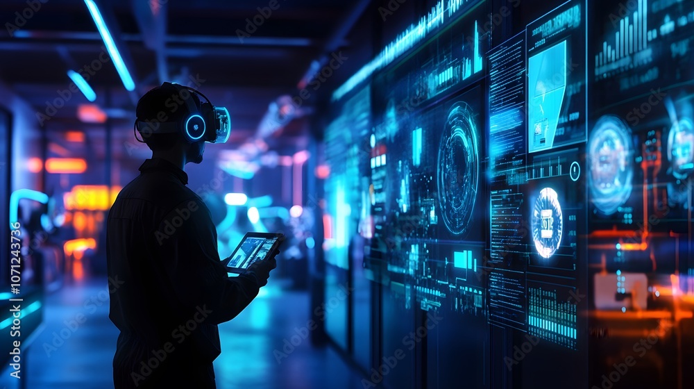 Poster an immersive training center where workers use vr and ai-driven simulations to learn new skills, ill