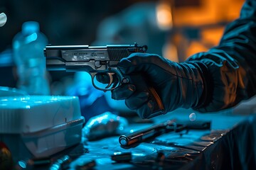 Forensics specialists hand with a gun in a crime scene