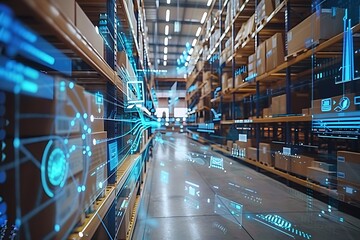 Futuristic warehouse interior with digital hologram. Technology concept