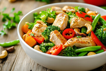 Stir-fried chicken dish with cashew nuts colorful vegetables including red peppers, green beans