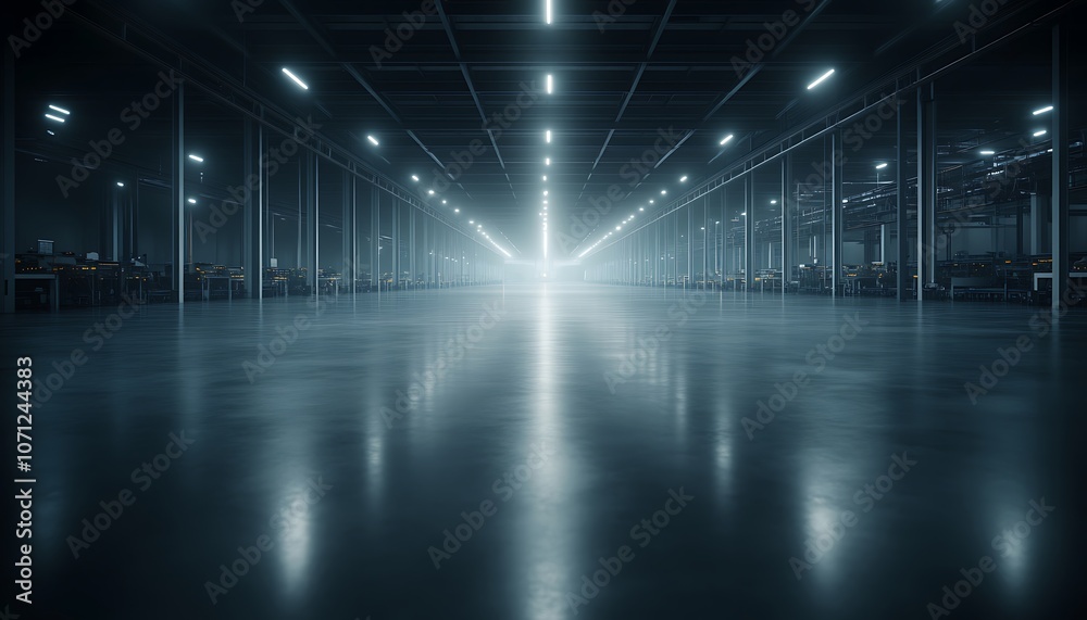 Poster a vast, dimly lit industrial space with a bright light at the end, showcasing smooth flooring and ta