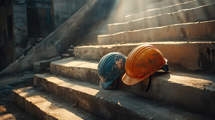 Construction helmets in blue and orange resting on weathered stairs, illuminated by soft sunlight, evoke sense of industry and teamwork