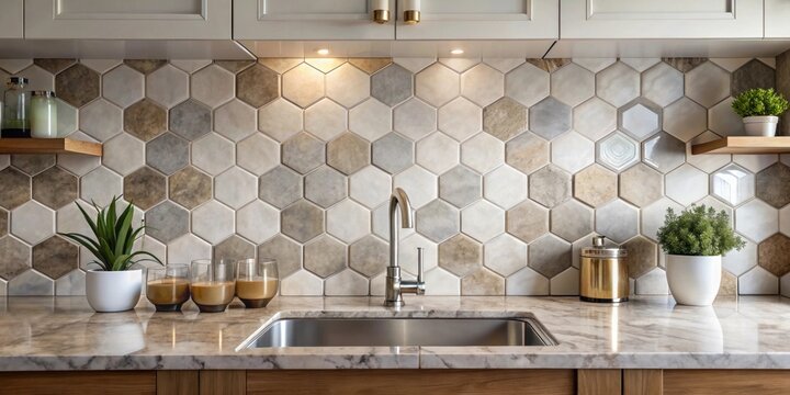 Newly installed kitchen backsplash featuring hexagon marble and ceramic tiles, kitchen, backsplash, hexagon