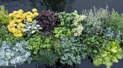 Lush Greenery with Vibrant Flowers Over Water