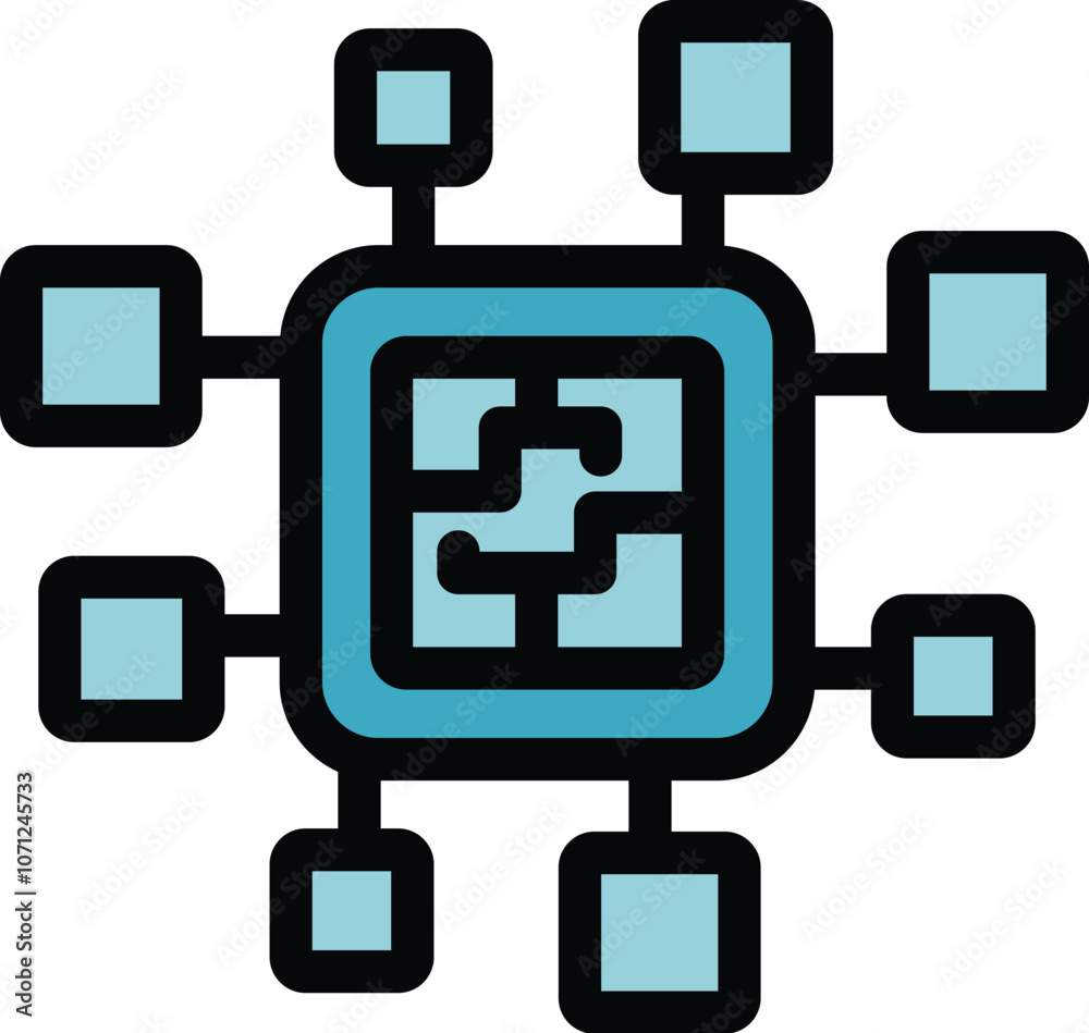 Poster this icon represents a central processing unit connecting to network elements, symbolizing data proc