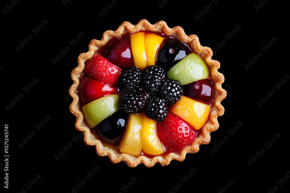 Wall mural Colorful fruit tarts on a black background