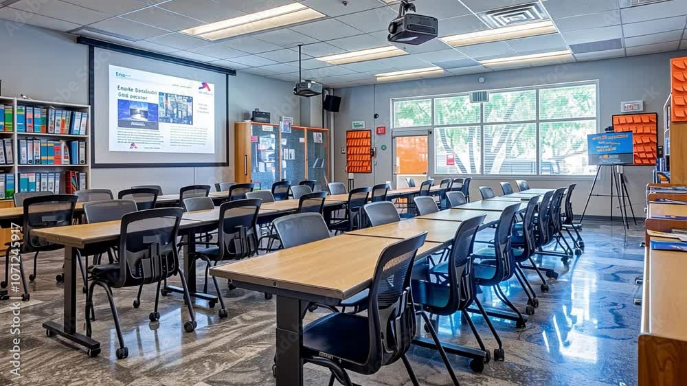 Poster This classroom features arranged tables and chairs, providing a space for learning and presentations.