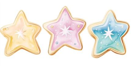 Cute watercolor illustration of star and tree-shaped cookies decorated with icing, perfect for the Christmas season. These festive cookies feature soft pastel colors, 