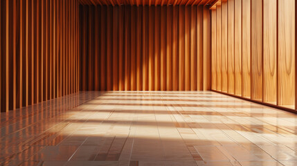 Sunlight streams through a large window in a minimalist room with wood paneling and a wooden floor.