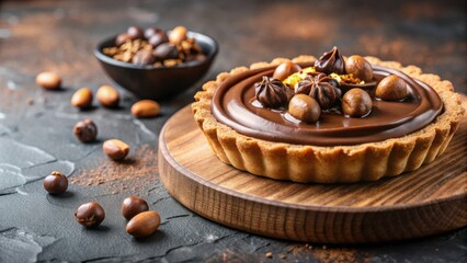 Delicious pastry tart with chocolate cream, hazelnut praline, coffee, and crispy base, topped with chocolate decor , dessert