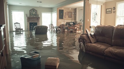 A flooded home with furniture floating inside, highlighting the impact of a flood