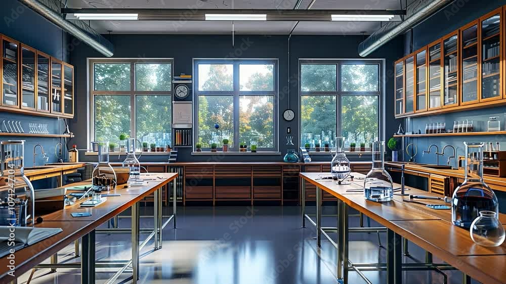 Poster this science lab has multiple workstations filled with glassware and plants, illuminated by sunlight