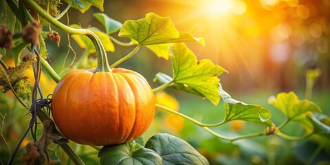 A Single Pumpkin Ripe and Ready for Harvest in the Warm Glow of the Setting Sun