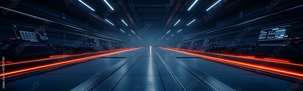 Poster A futuristic corridor illuminated by blue and red lights, suggesting advanced technology and a sci-fi atmosphere.