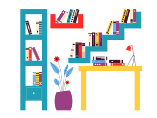Furniture and interior decor elements set for home library. Library illustrations. Flat vector illustration.