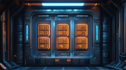 Obraz premium Futuristic data center corridor with glowing neon panels, high-tech sci-fi interior design