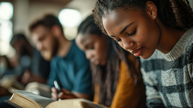 Close-up of young adults taking notes in their journals while discussing Bible verses