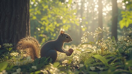 Fototapeta premium Soft morning light, in the forest, with squirrels collecting acorns, medium shot, close-up of a squirrel, very realistic, photo quality, ultra-clear, generative ai