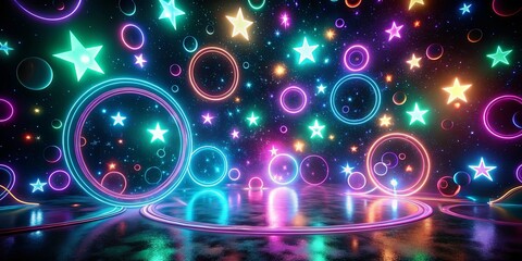 Obraz premium A cosmic dance floor adorned with swirling neon rings and luminous stars, casting a vibrant glow upon a reflective surface