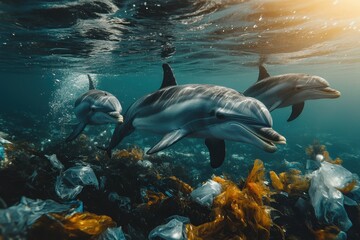 Obraz premium Vaquita Dolphins Swimming Through Ocean Pollution, Surrounded by Plastic Bags and Trash - Environmental Awareness Concept