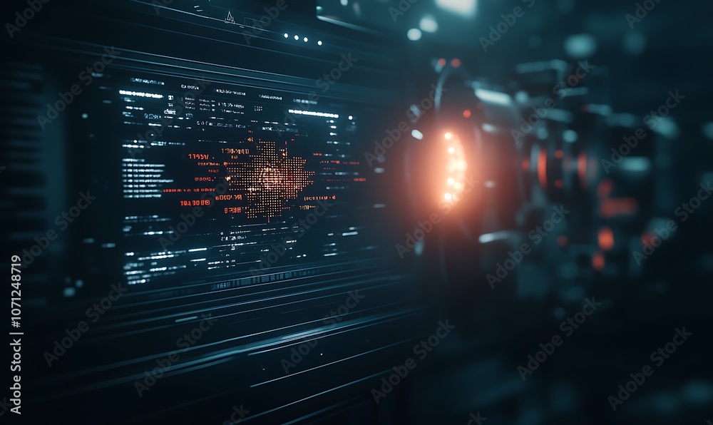 Poster a futuristic digital scene with glowing elements, showcasing a blend of technology and abstract desi