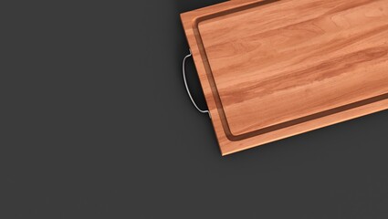 Cutting wooden board or tray isolated on black background top view. Rustic countertop of timber surface.