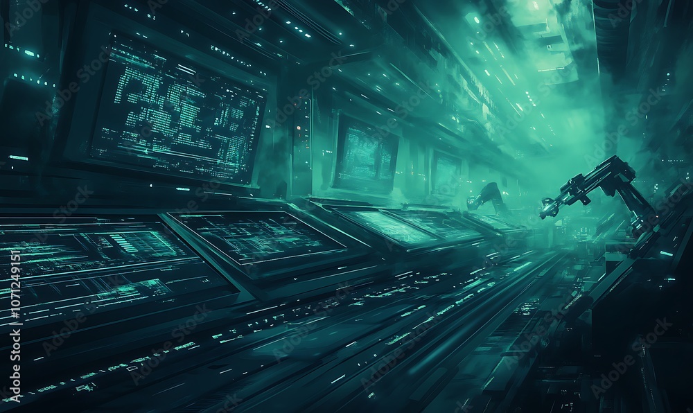 Poster A futuristic, neon-lit environment featuring intricate machinery and a robotic figure, evoking a sense of advanced technology and exploration.