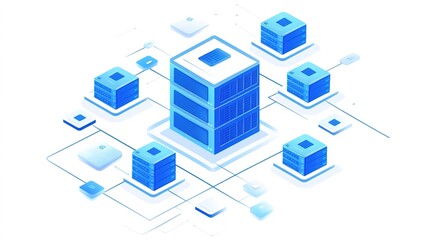 Obraz premium Vector illustration of a server in blue and white, set against a matching homogeneous blue and white background. This design represents server hosting, technology, and digital infrastructure