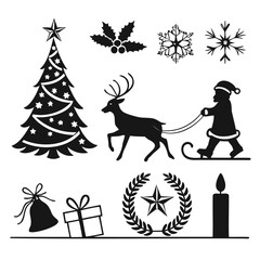 Christmas icons set black silhouette Vector illustration isolated on a transparent background