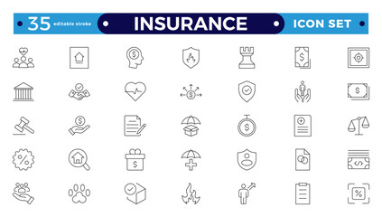Insurance Outline icons set. Life, medical, car, travel, house, healthcare, money and social insurance, education, insurance, law, government  thin line icon pack. Editable stroke outline icon.