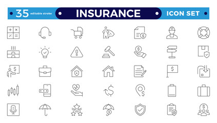 Insurance Outline icons set. Life, medical, car, travel, house, healthcare, money and social insurance, education, insurance, law, government  thin line icon pack. Editable stroke outline icon.