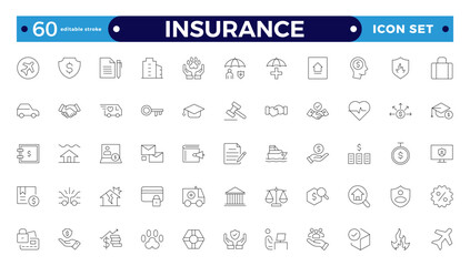 Insurance Outline icons set. Life, medical, car, travel, house, healthcare, money and social insurance, education, insurance, law, government  thin line icon pack. Editable stroke outline icon.