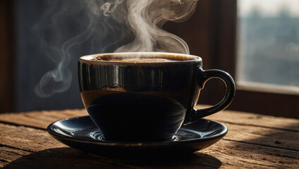 Hot black coffee in a ceramic cup with steam rising, set on a rustic table with morning light filtering through.