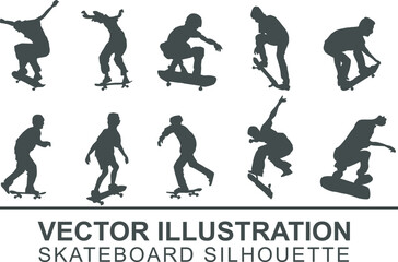 Collection of silhouettes of skateboarders jumping and dancing in the air with their skate boards. Suitable for extreme sports elements and skateboard tournaments