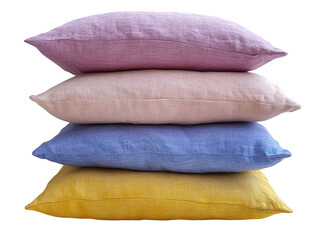 Soft, colorful linen pillows stacked in cozy arrangement