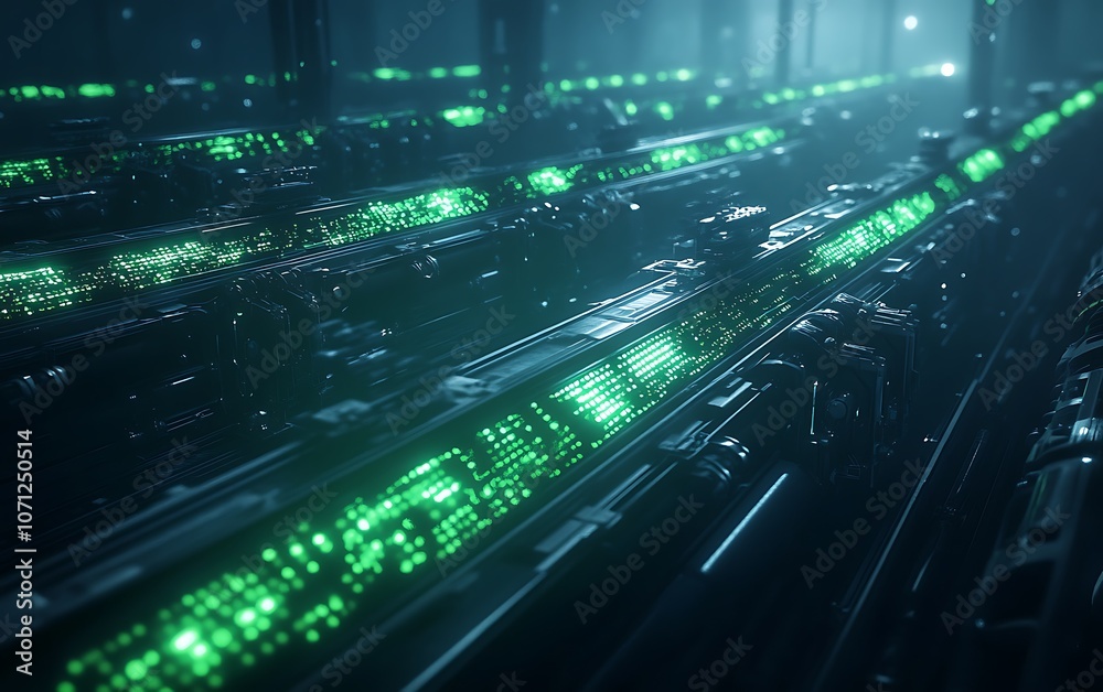 Aufkleber A futuristic digital landscape featuring glowing green data streams that evoke a sense of high-tech connectivity and virtual reality.