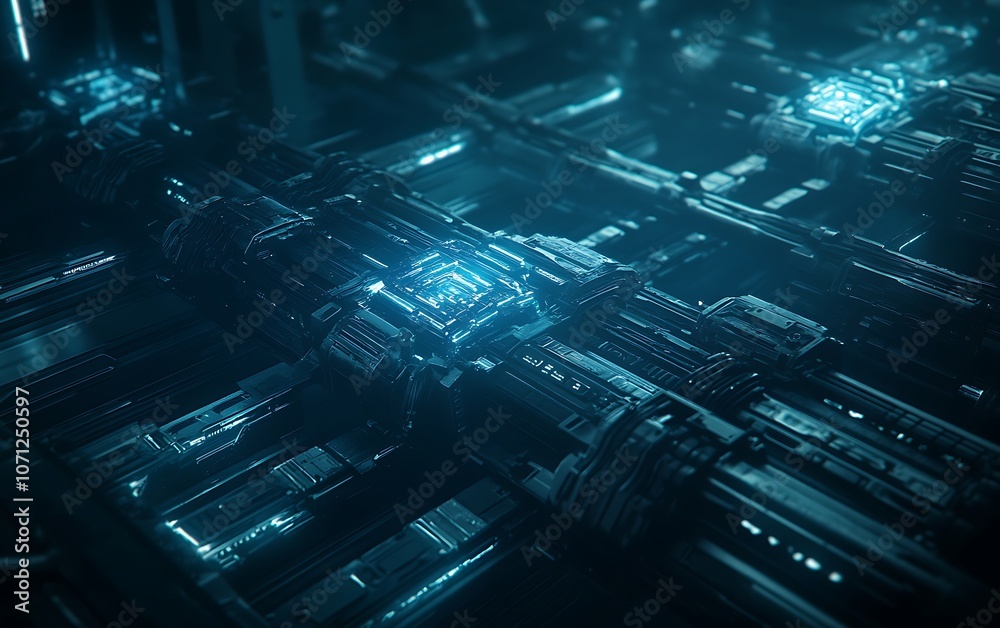 Poster a futuristic, abstract depiction of interconnected circuits emitting a soft blue glow, showcasing ad