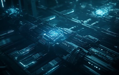 A futuristic, abstract depiction of interconnected circuits emitting a soft blue glow, showcasing advanced technology and digital design.