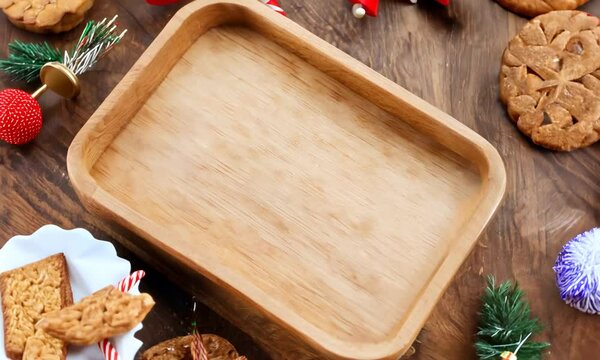 Cristmas background with place for text Topp view Wooden background Wooden tray Cookies Candy cane Cinnamon sticks Christmas card