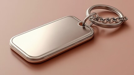 Blank metal keychain with a ring and chain on a brown background.