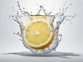 Sliced lemons splash water, highlighting their zesty appeal.